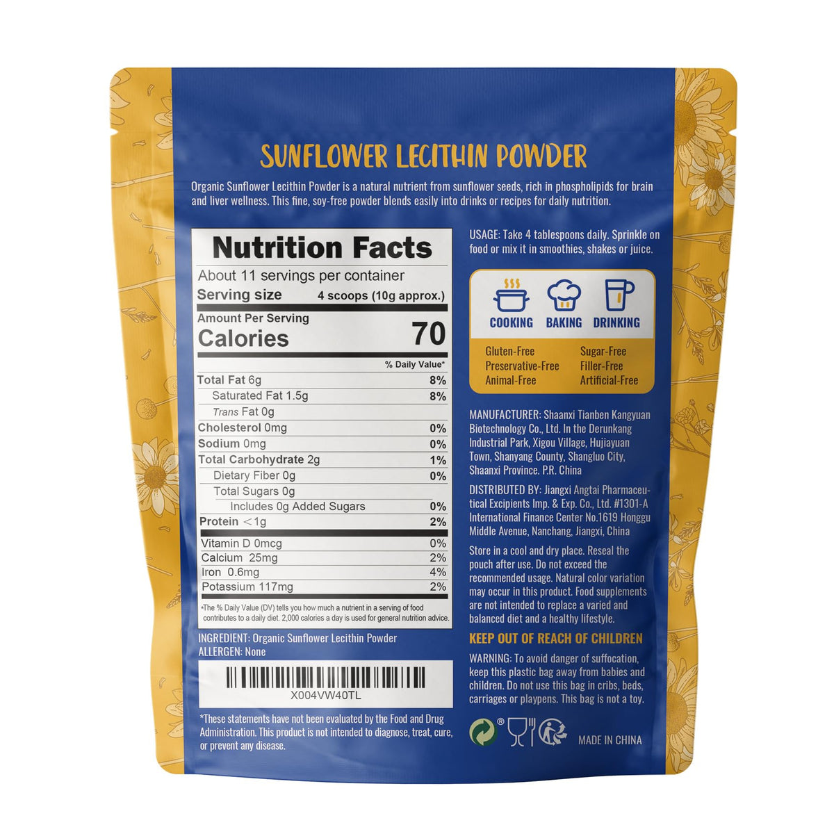 Angtai JN Poudre de Lécithine de Tournesol Bio 113g - ingrédients sur l'emballage