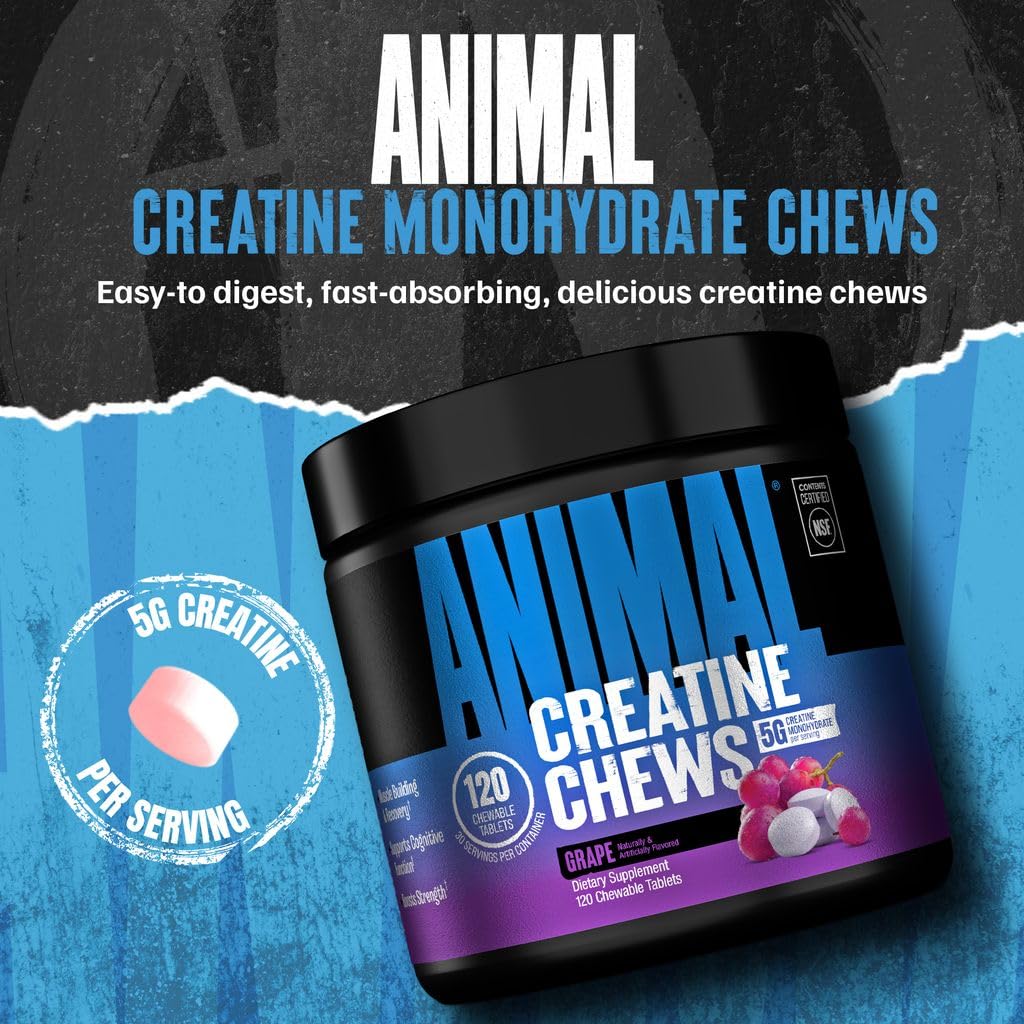 Animal Creatine Chews 120 comprimés, emballage et informations nutritionnelles