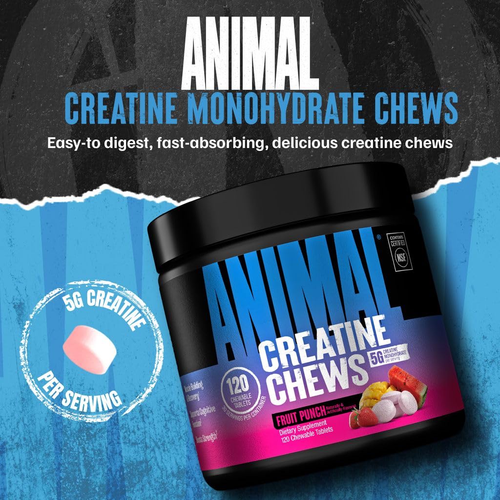 Animal Creatine Chews 120 comprimés, vue de côté avec détails