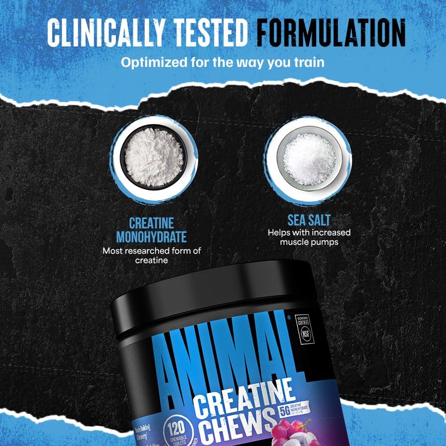 Animal Creatine Chews, affichage des ingrédients sur l'emballage