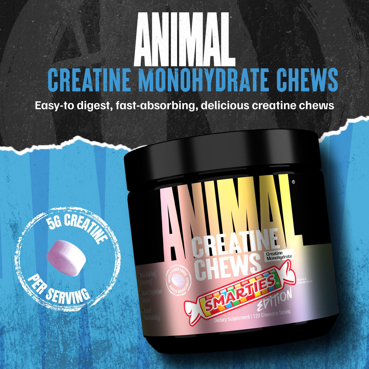Animal Creatine Chews Smarties emballage avec informations nutritionnelles