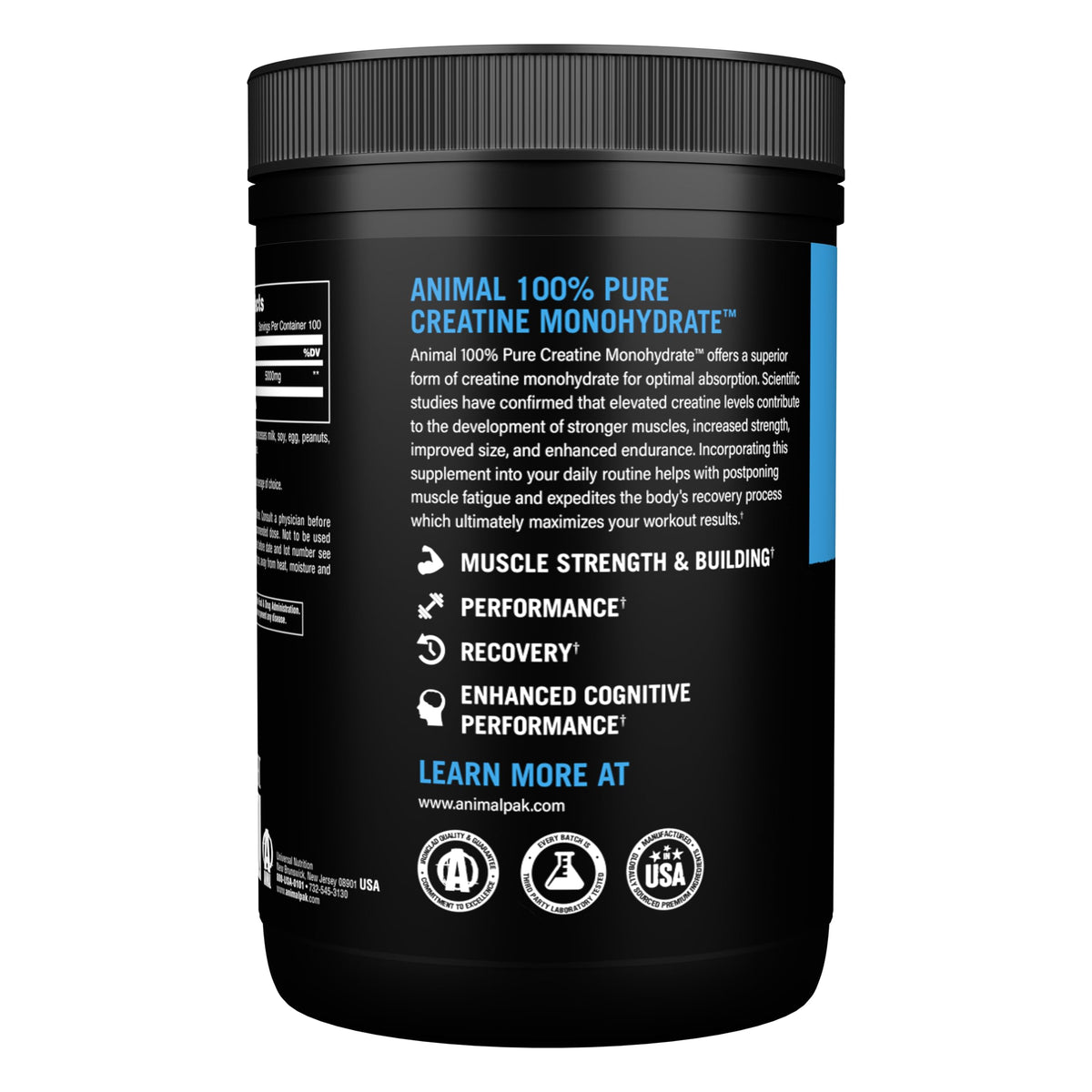 Animal Créatine Monohydrate 500 g côté avec étiquette