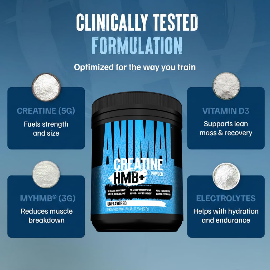 Animal Creatine Monohydrate HMB+ 340g sur une table de gym