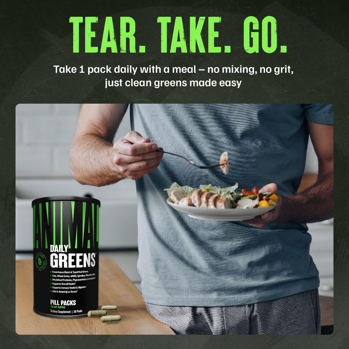 Animal Daily Greens capsules in hand