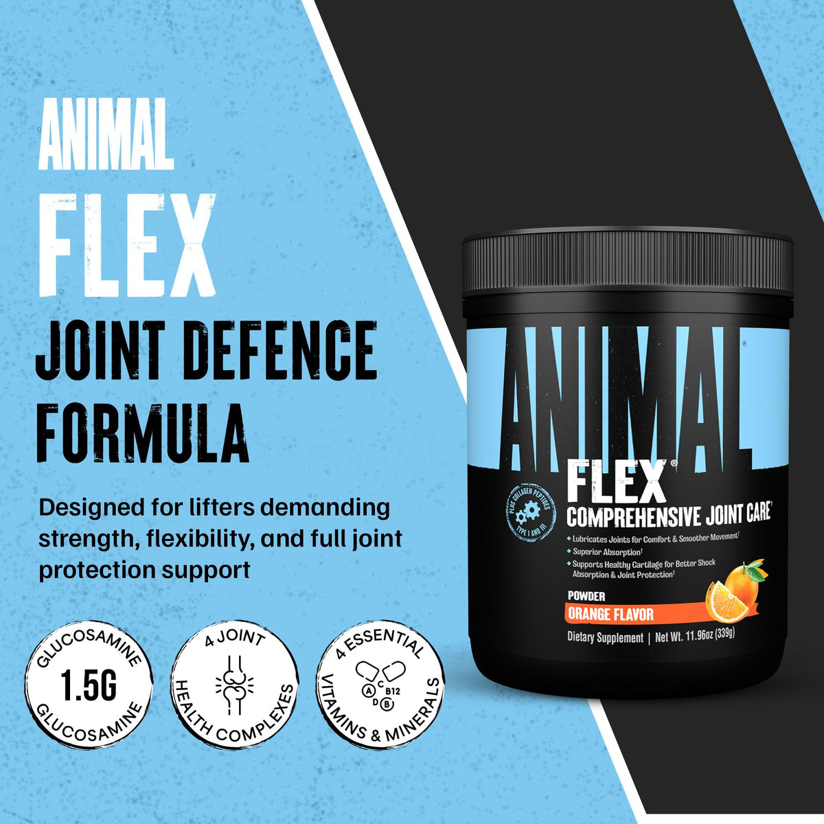 Animal Flex Complément Articulaire 480g en poudre dans un verre
