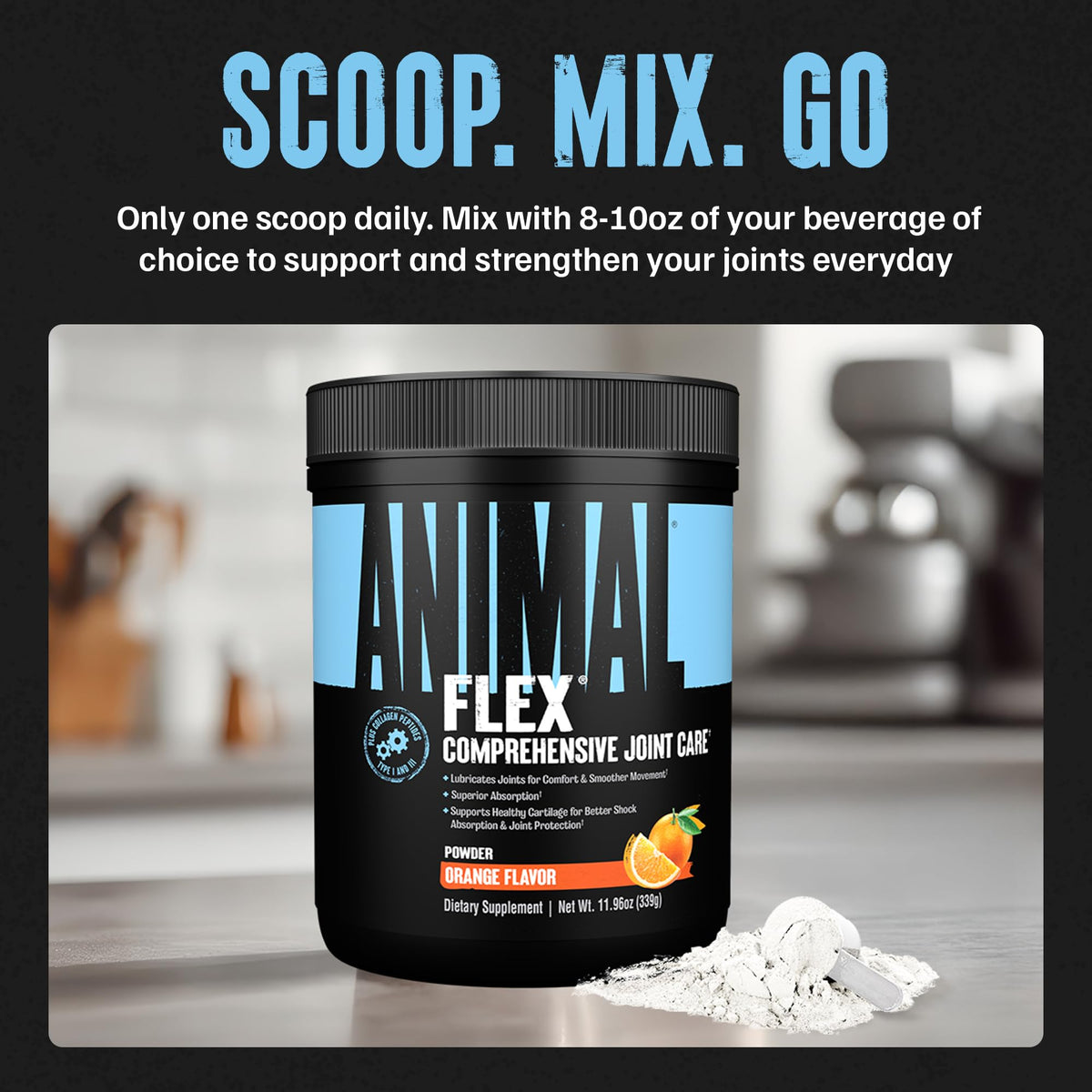 Animal Flex Complément Articulaire 480g sur un fond de salle de sport