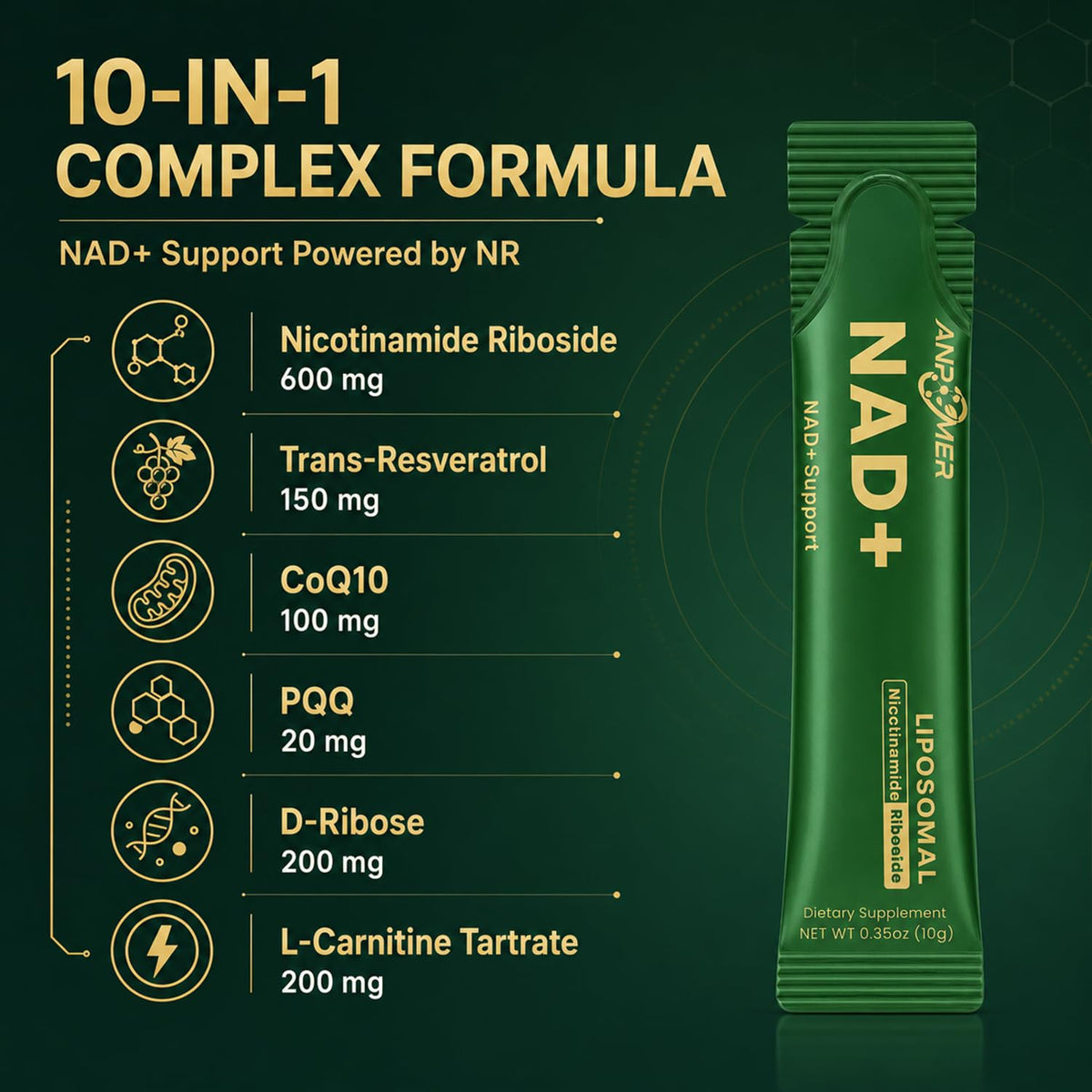 ANPOMER sachets de NAD+ sur une table avec un verre d'eau