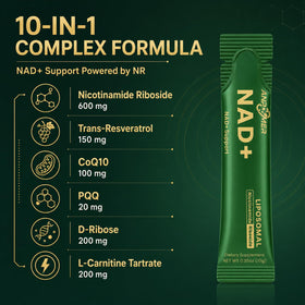 ANPOMER sachets de NAD+ sur une table avec un verre d'eau