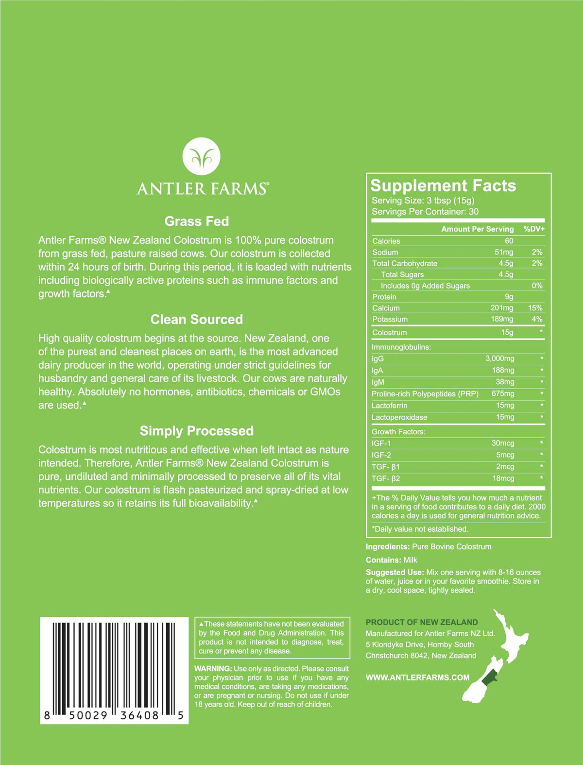 Antler Farms Colostrum 100% Pur emballage arrière
