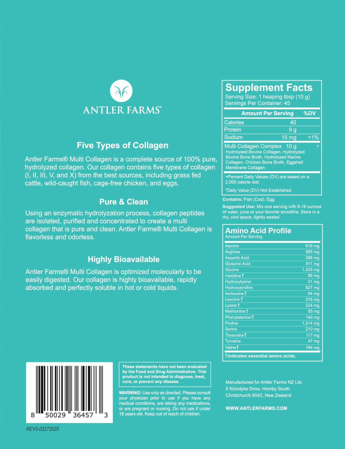 Antler Farms Poudre de Protéine Multi Collagène 472g vue de dos