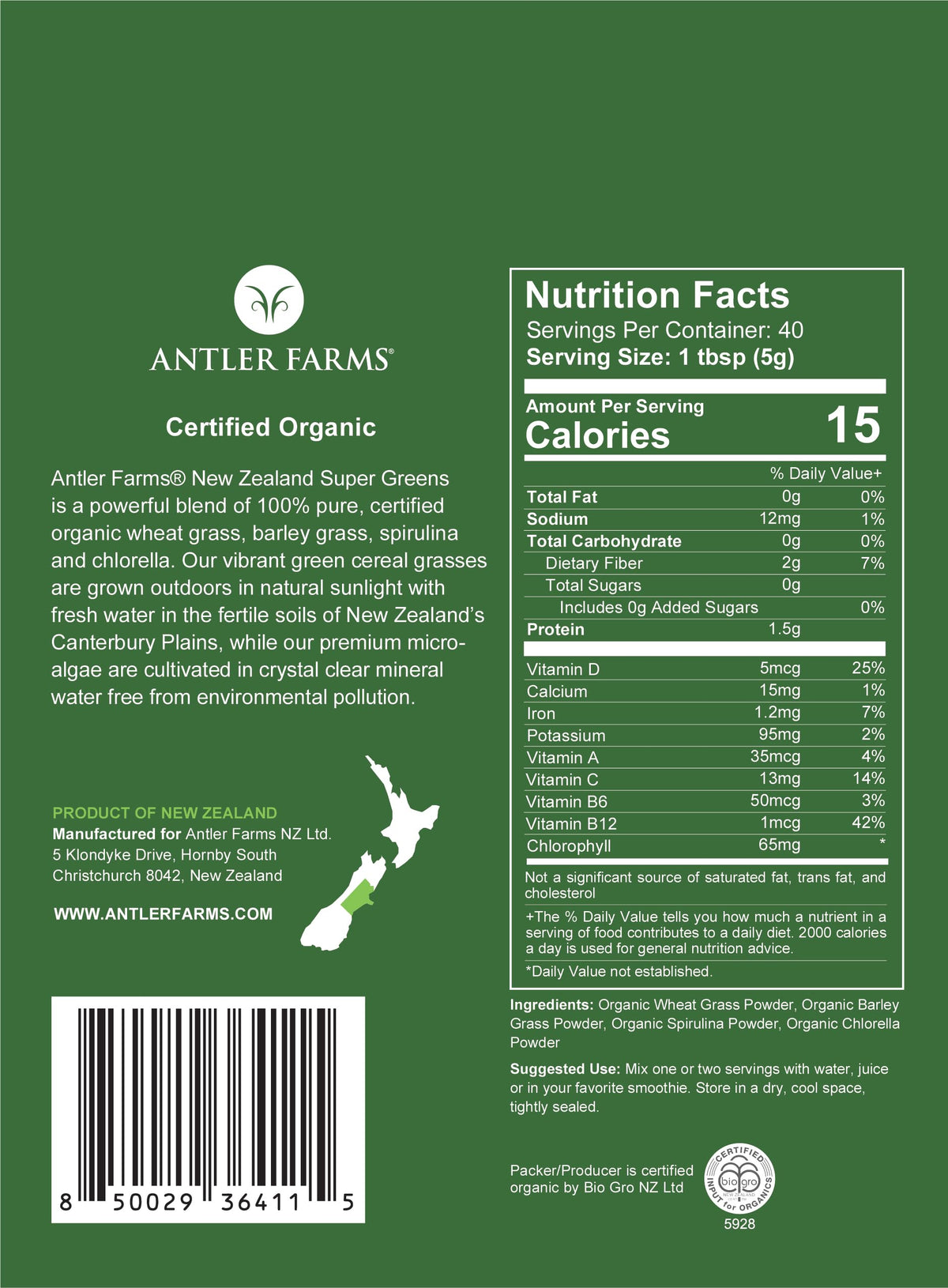 Antler Farms Poudre de Super Greens Bio 200g - détails de l'emballage