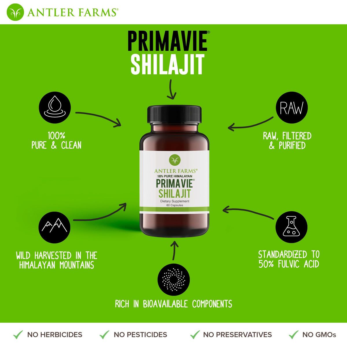 Antler Farms PrimaVie Shilajit 60 capsules en gros plan sur le flacon