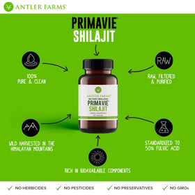 Antler Farms PrimaVie Shilajit 60 capsules en gros plan sur le flacon