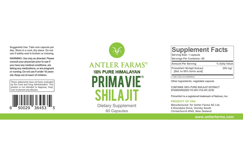 Antler Farms PrimaVie Shilajit 60 capsules sur un bureau avec des plantes