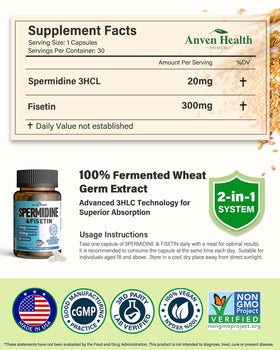 Anven Health Complément Alimentaire Spermidine & Fisetin capsules sur un fond blanc