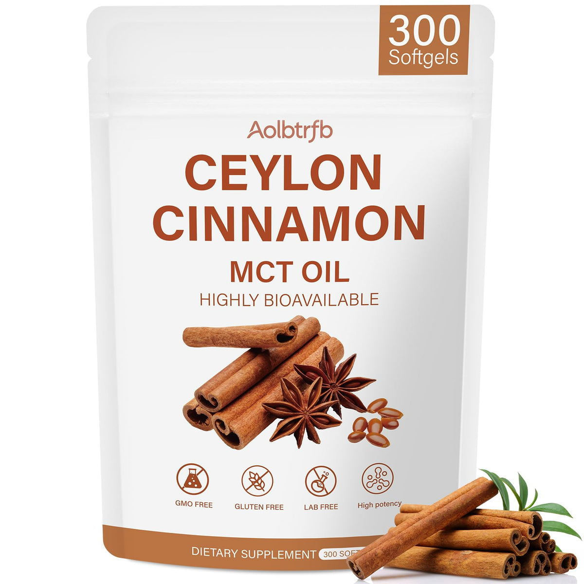 Aolbtrfb gélules de cannelle de Ceylan 300 gélules avec huile MCT