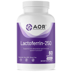 AOR Lactoferrin 250mg capsules, 60 vegetarian capsules front view