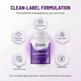 AOR Lactoferrin 250mg capsules, nutritional information on the label