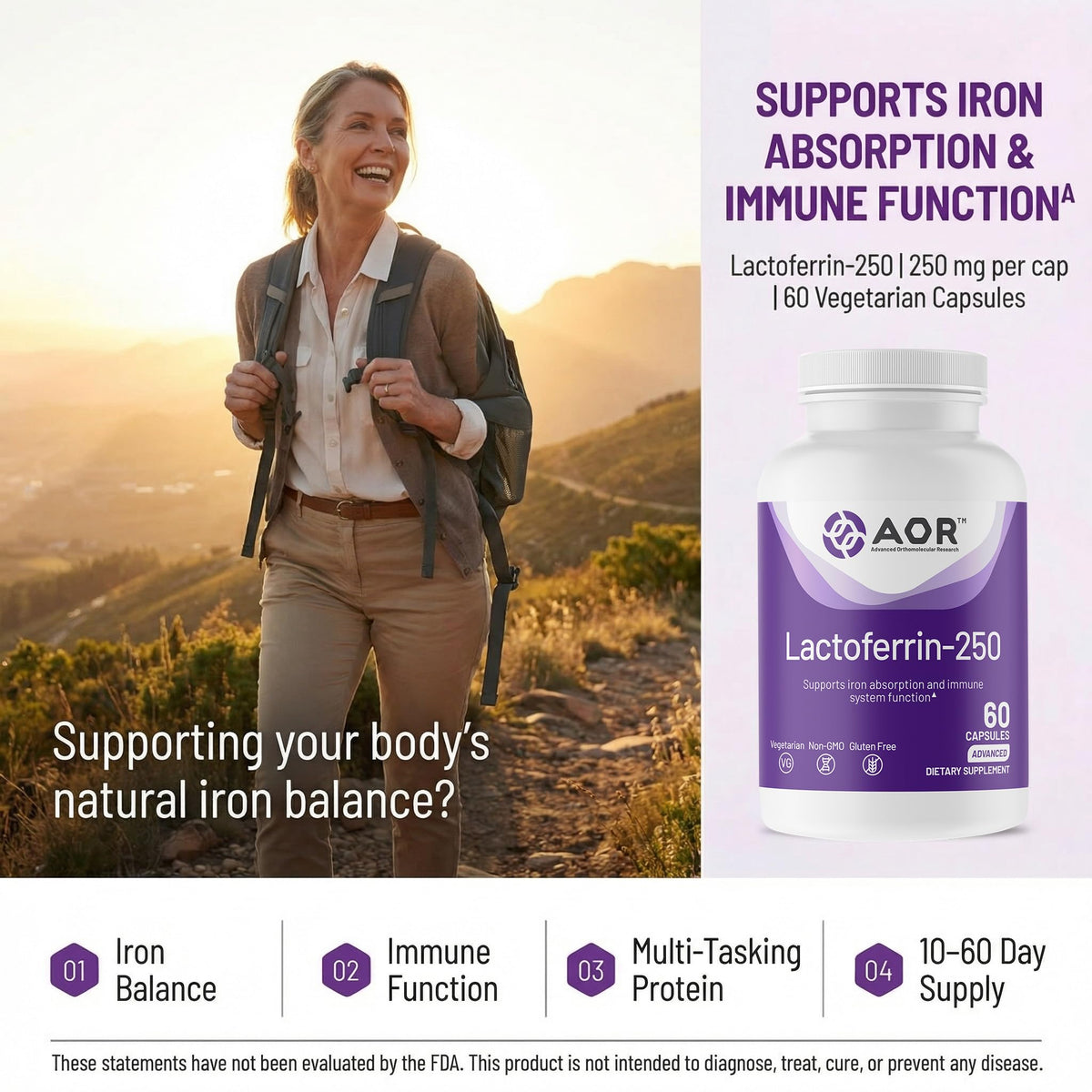 AOR Lactoferrin 250mg capsules, side view of the bottle