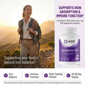 AOR Lactoferrin 250mg capsules, side view of the bottle
