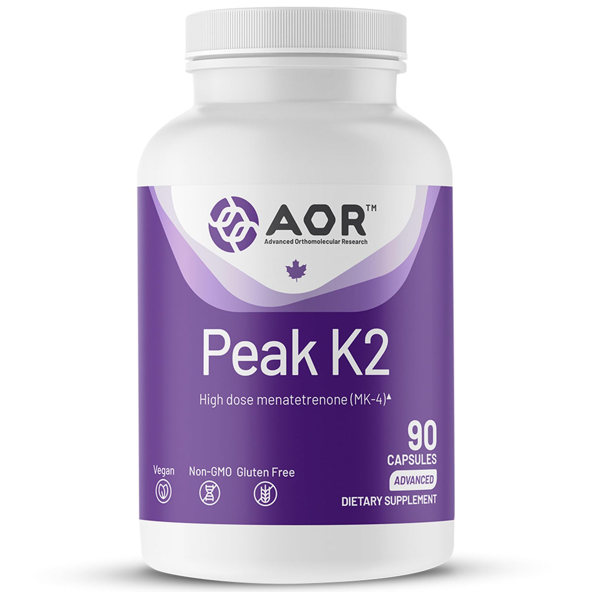 AOR Peak K2 Vitamine K2 MK-4 15 mg 90 Capsules Végétales vue de face
