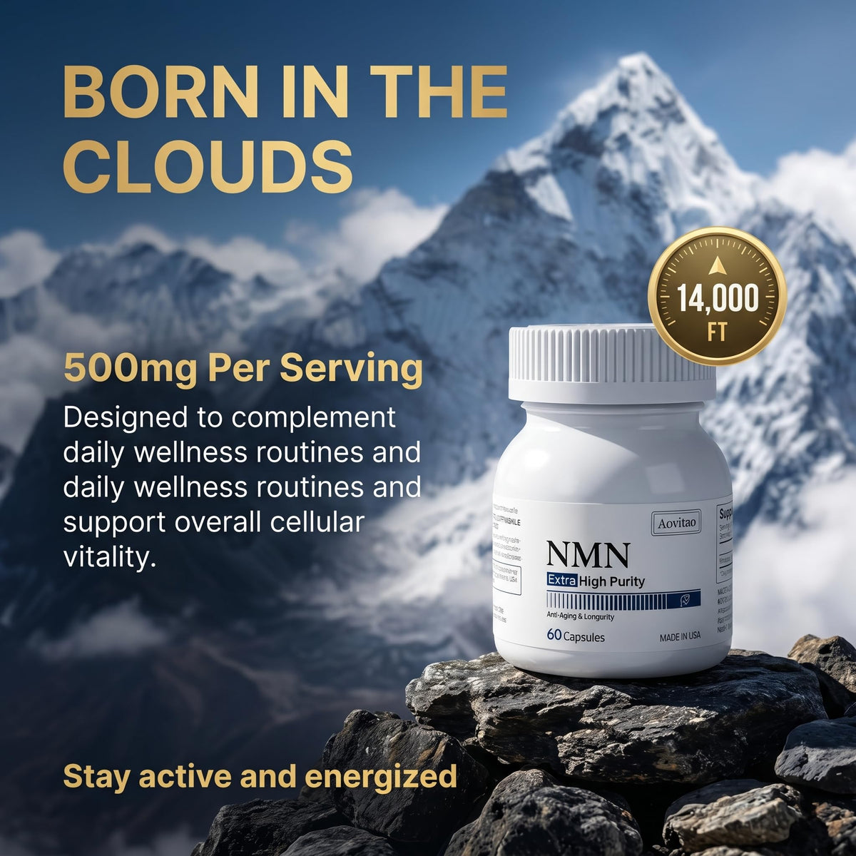 AOVITAO Complément NMN 500mg étiquette détaillée