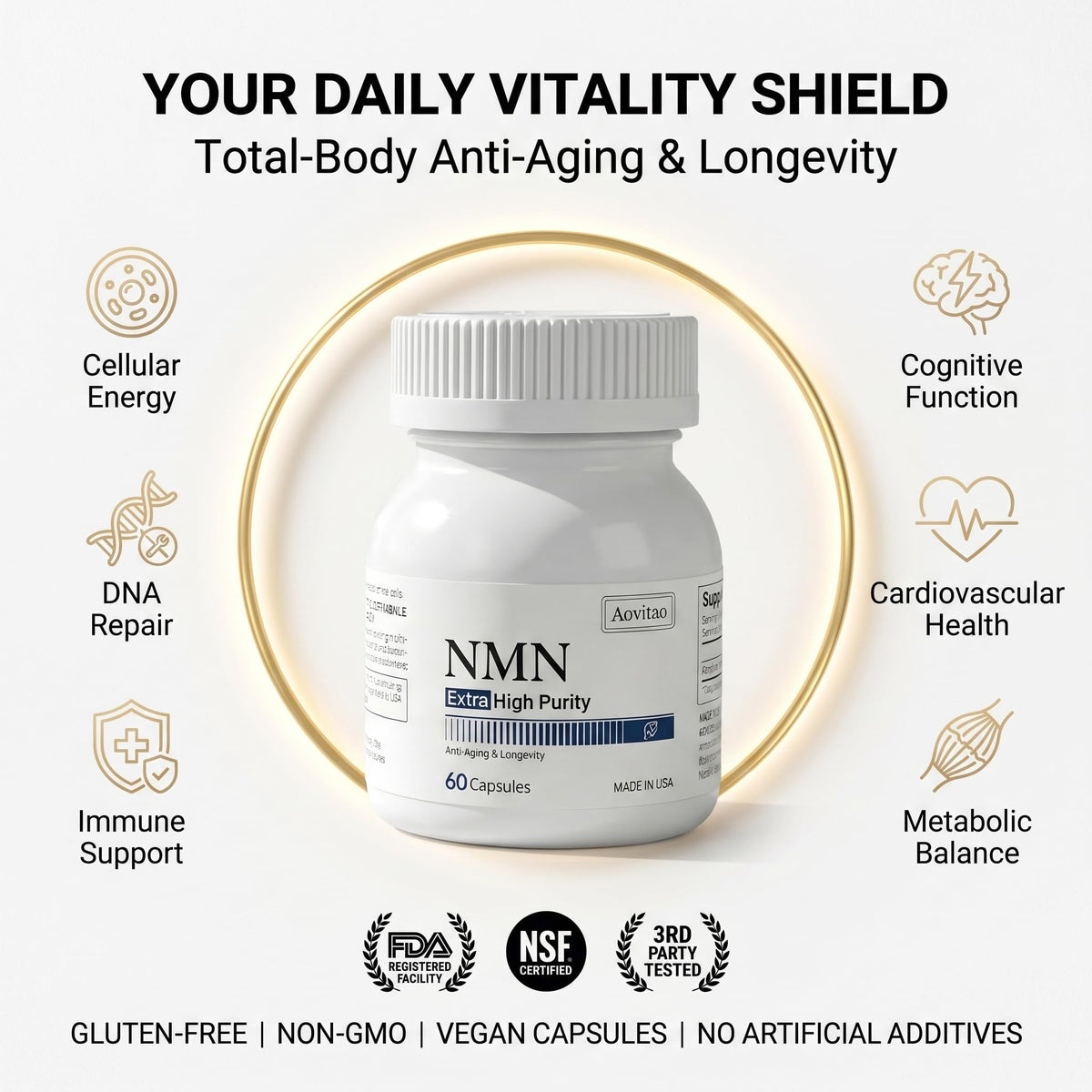 AOVITAO Complément NMN 500mg gélules sur fond blanc