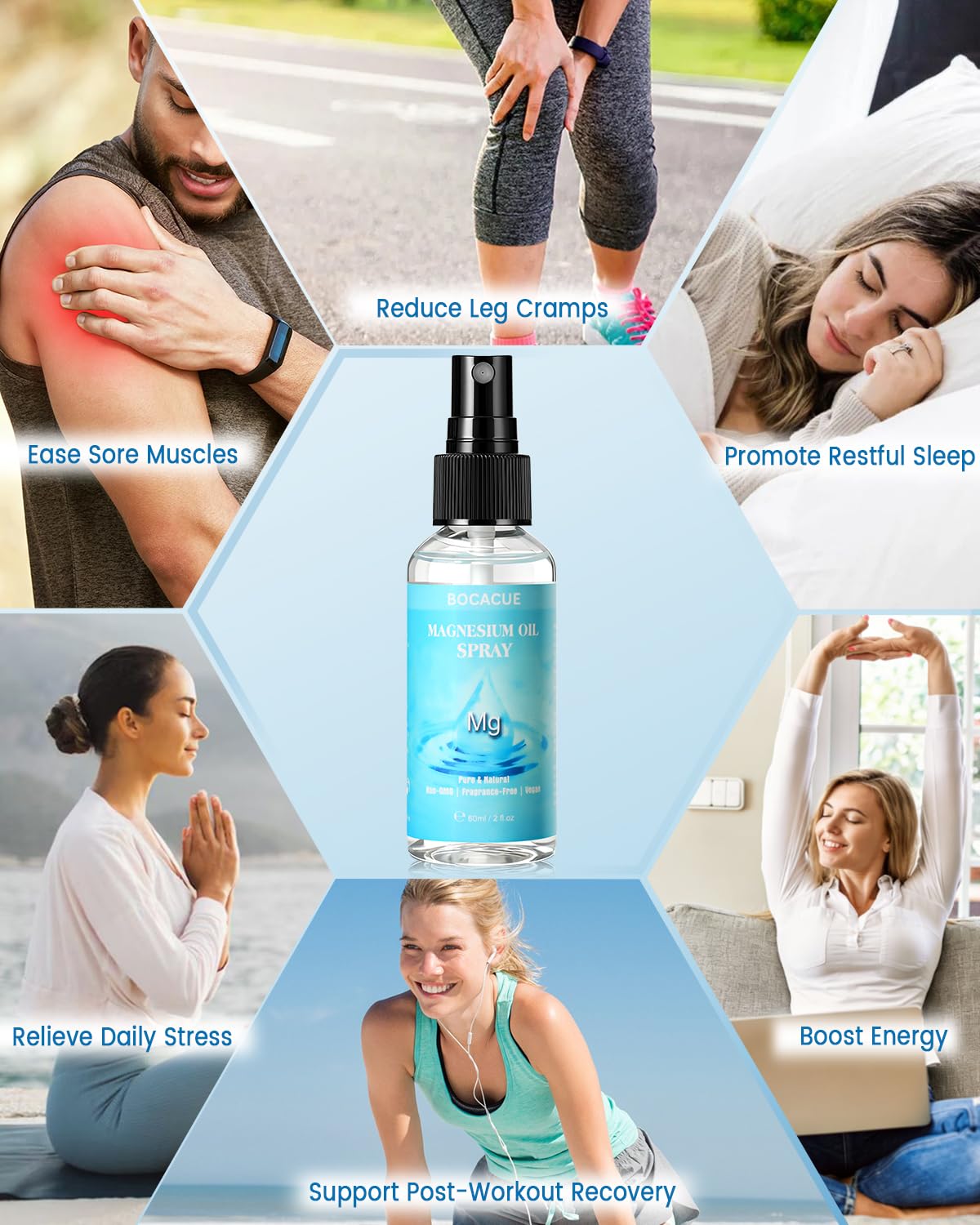 Application du spray d'huile de magnésium BOCACUE sur la peau