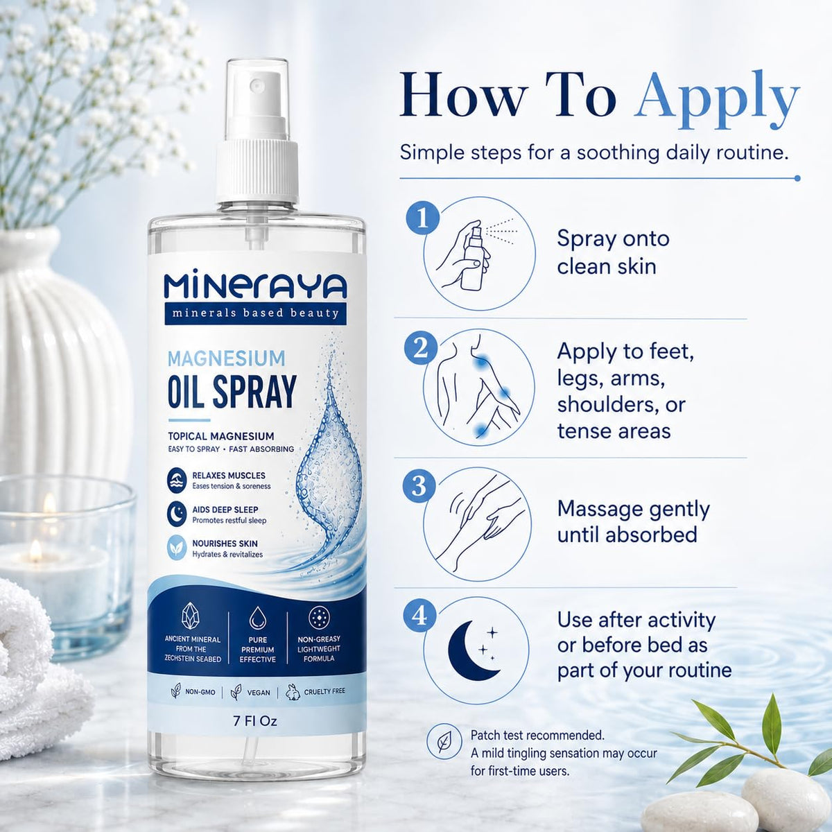 Application du spray d'huile de magnésium Mineraya sur la peau