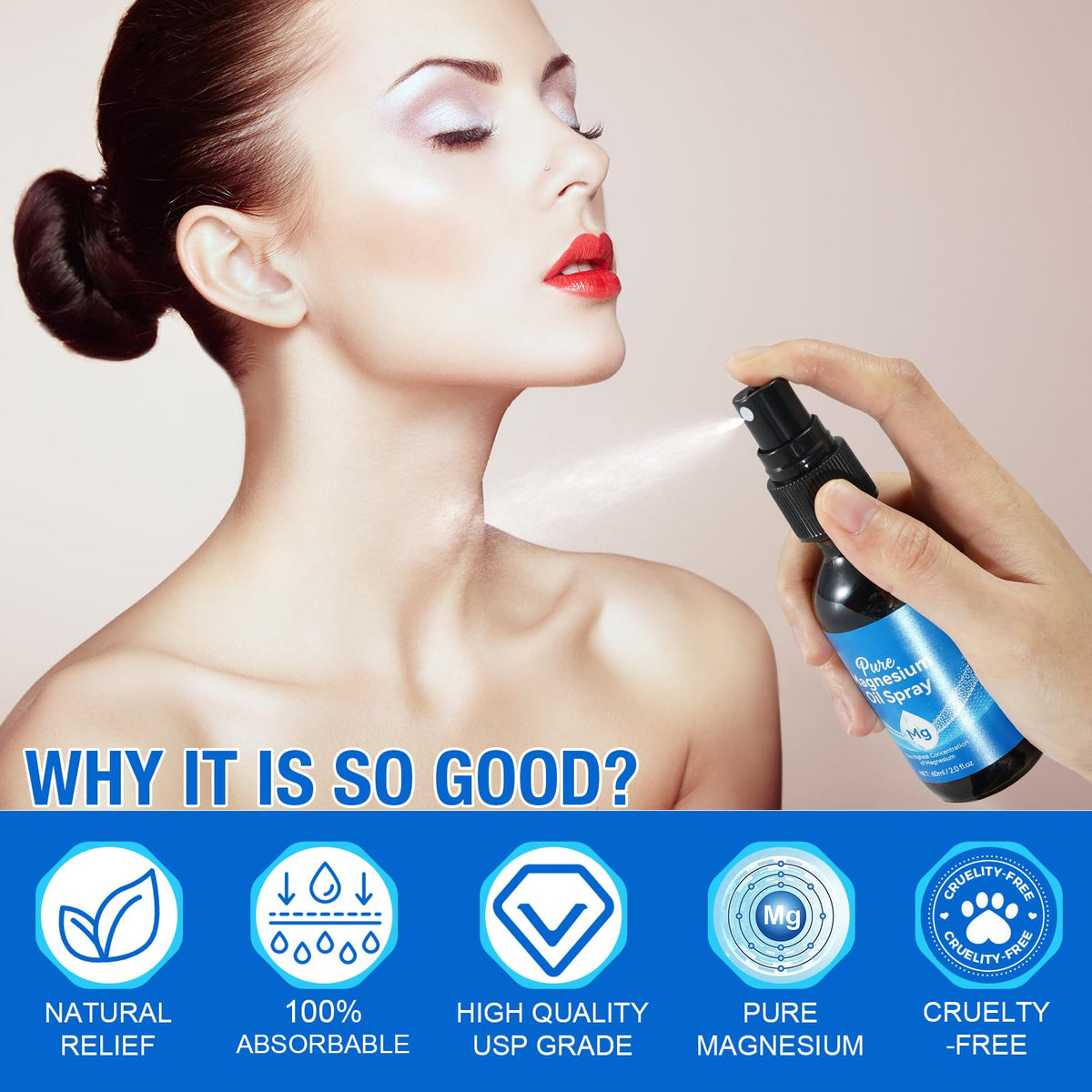 Application du spray d'huile de magnésium sur la peau