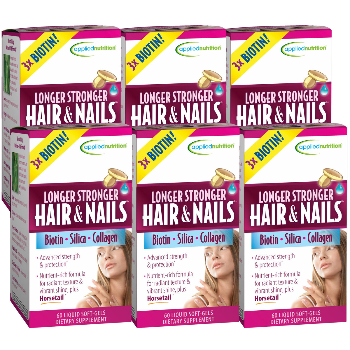 Applied Nutrition Complément Alimentaire Cheveux & Ongles 180 gélules liquides devant un fond neutre