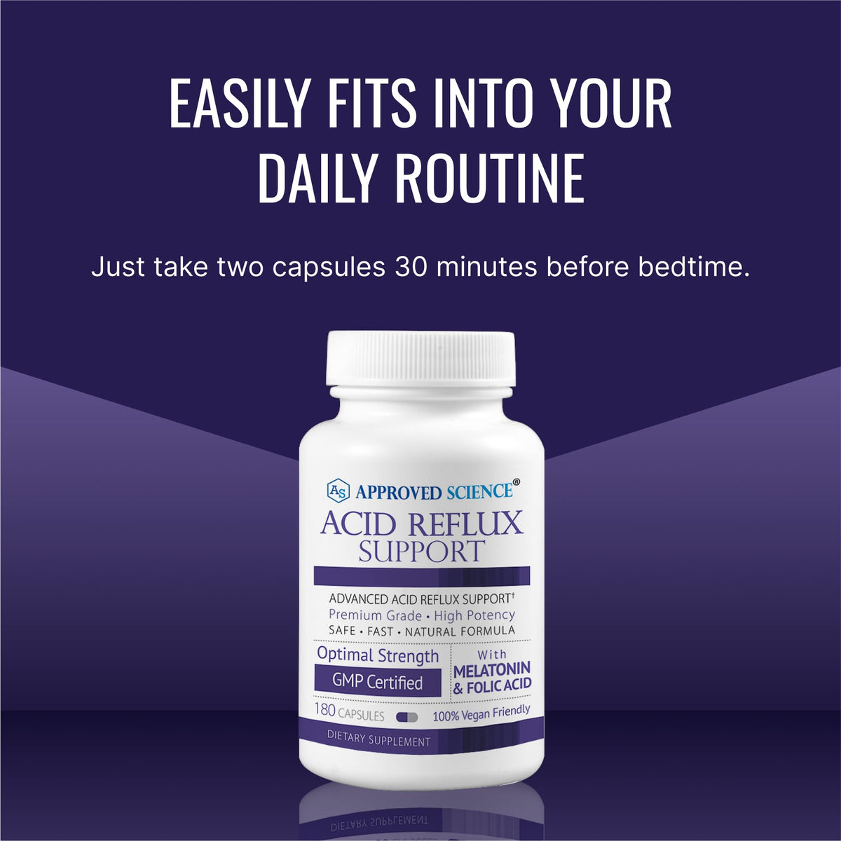 Approved Science Acid Reflux Support 360 capsules, capsules sur fond blanc