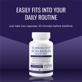 Approved Science Acid Reflux Support 360 capsules, capsules sur fond blanc