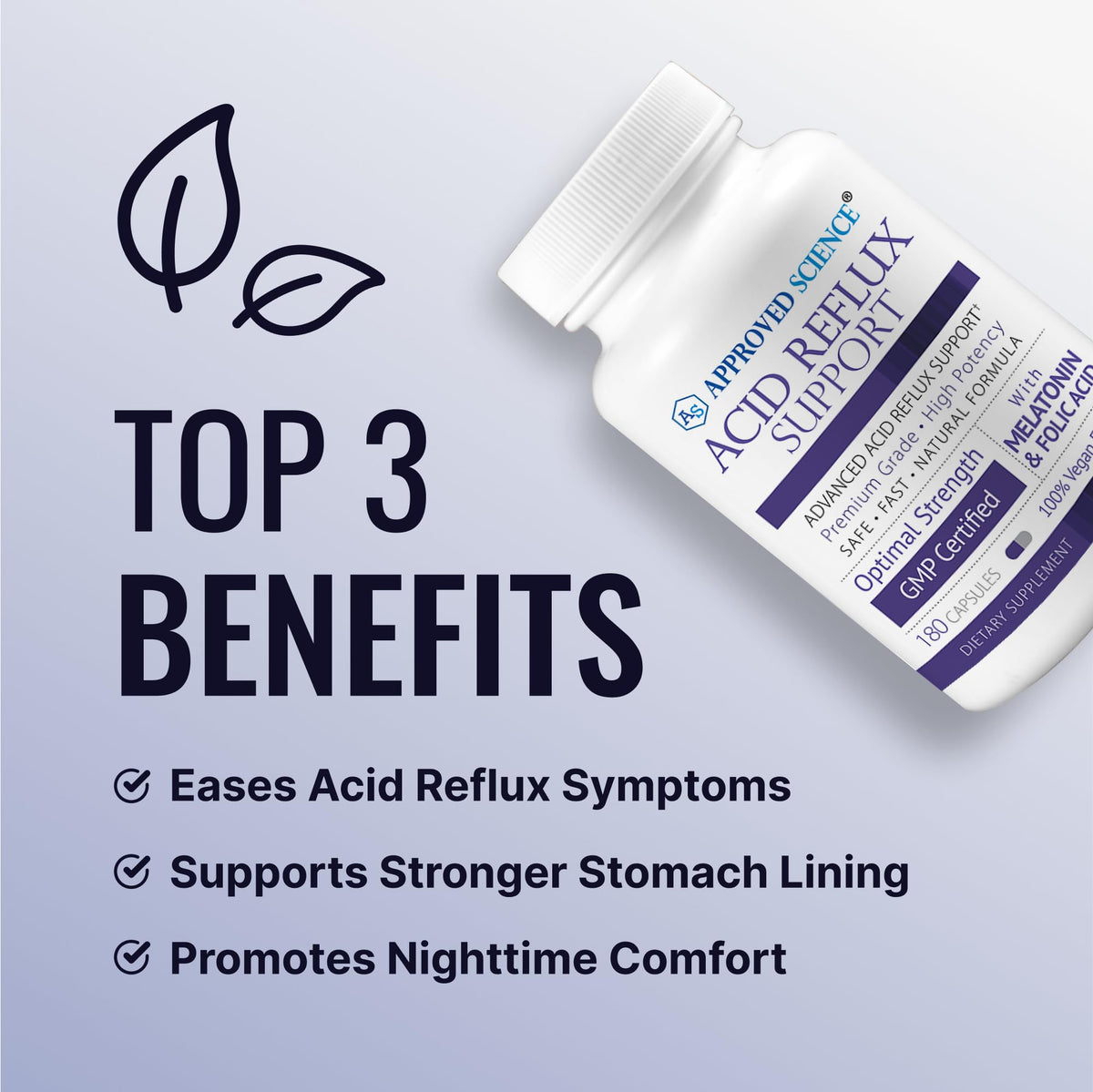 Approved Science Acid Reflux Support 360 capsules, côté de la boîte