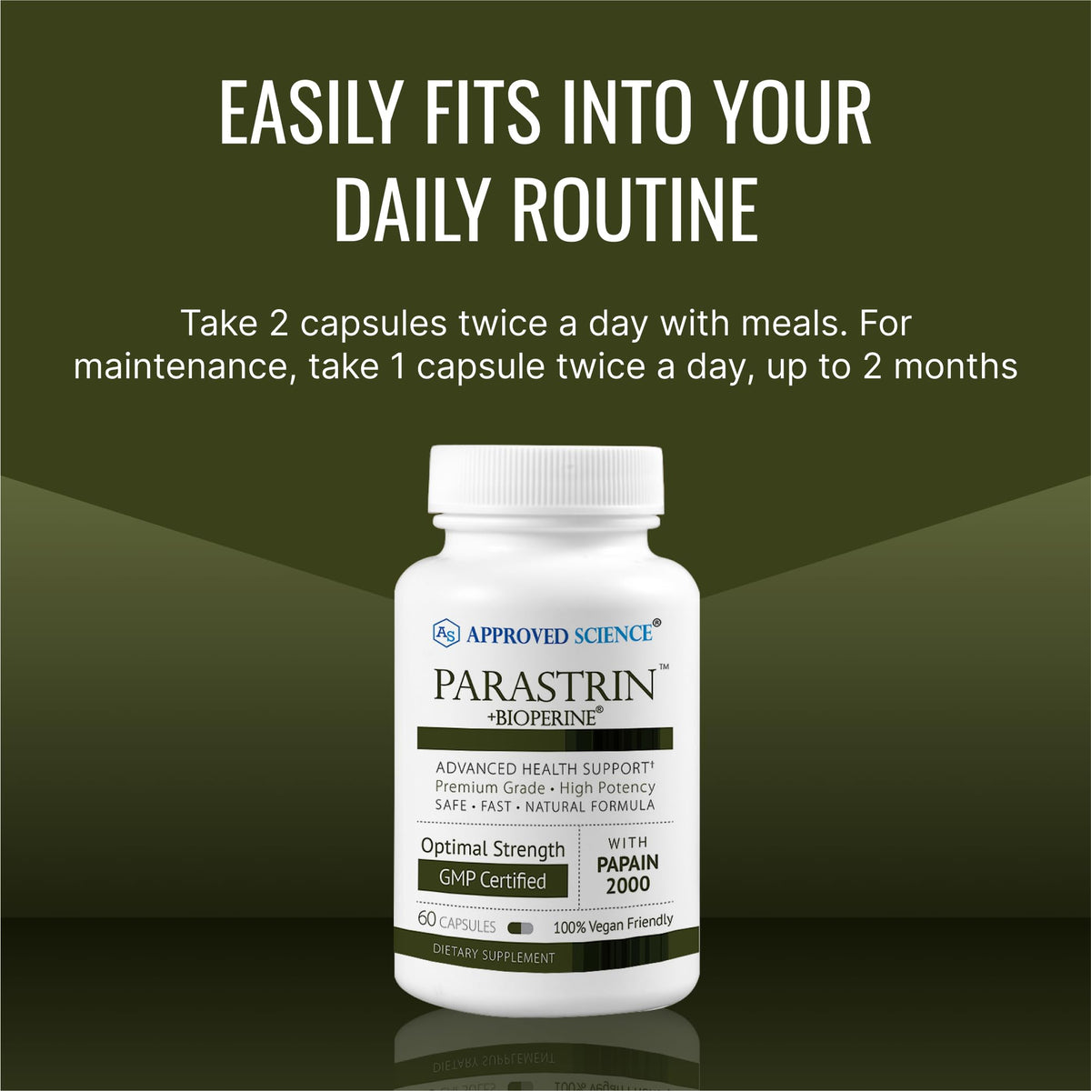 Approved Science Parastrin capsules in a hand