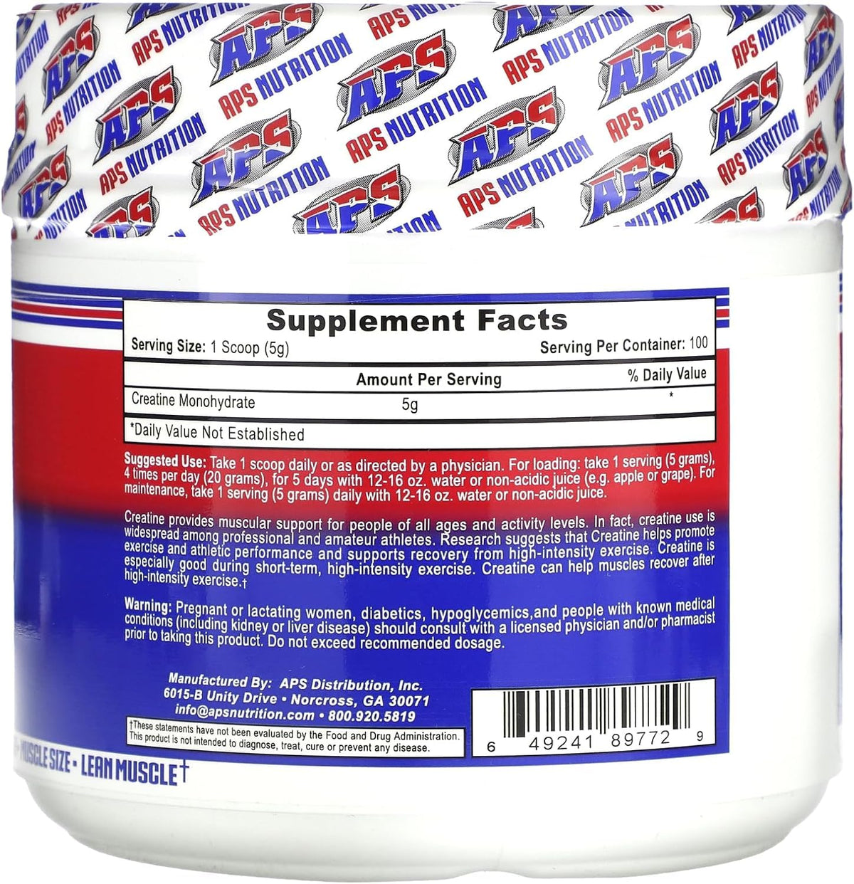 APS Nutrition Créatine Monohydrate Pure 500g informations nutritionnelles