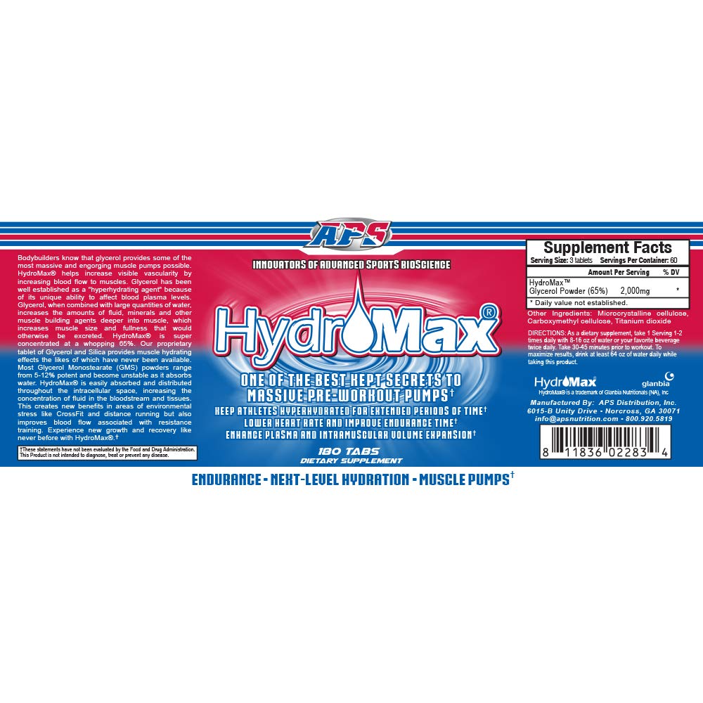 APS Nutrition Hydromax 180 Tablettes, vue arrière avec informations nutritionnelles