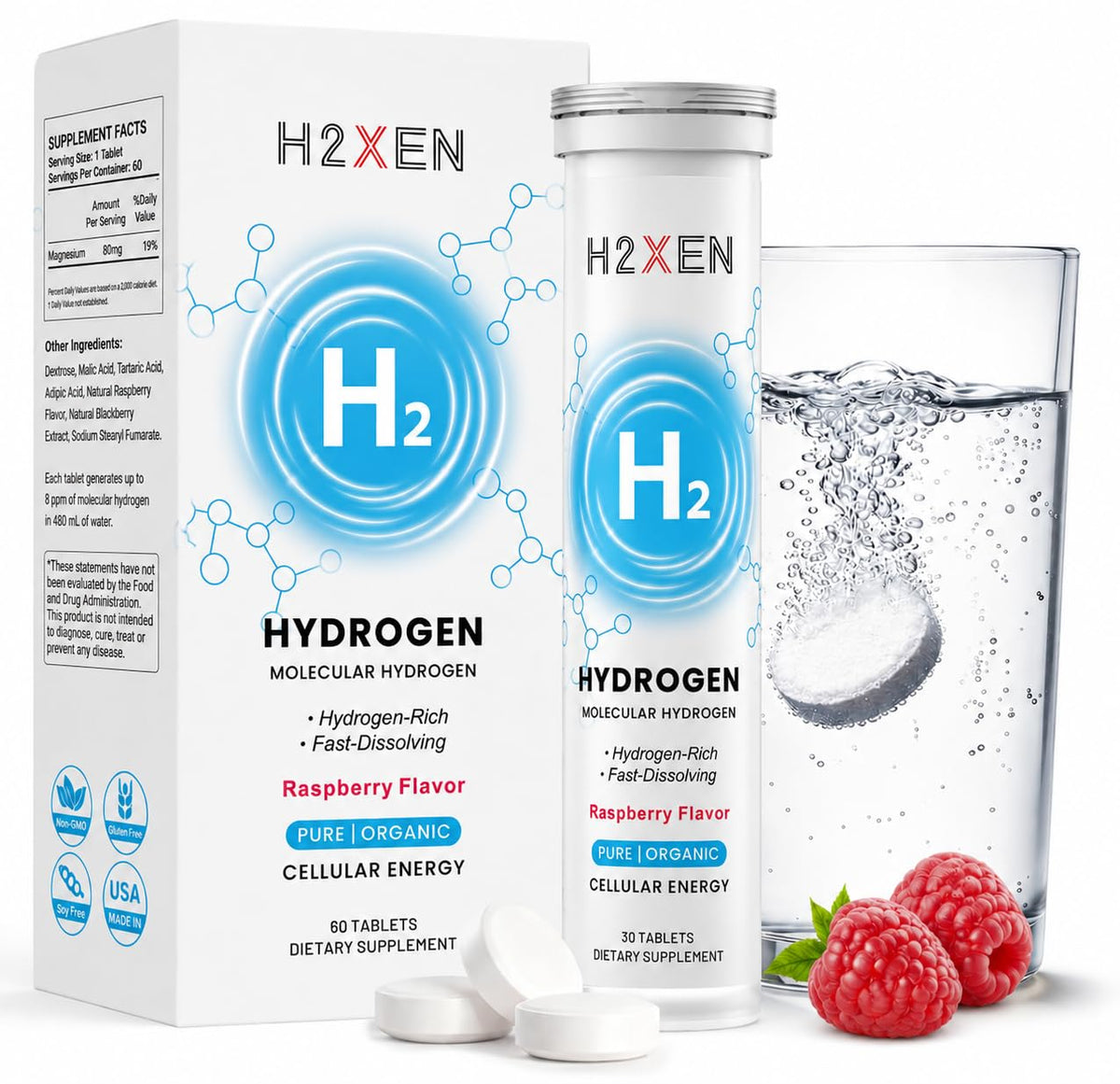 AQUXERA Tablettes d'Hydrogène 60 Comprimés Saveur Framboise - Packaging avant