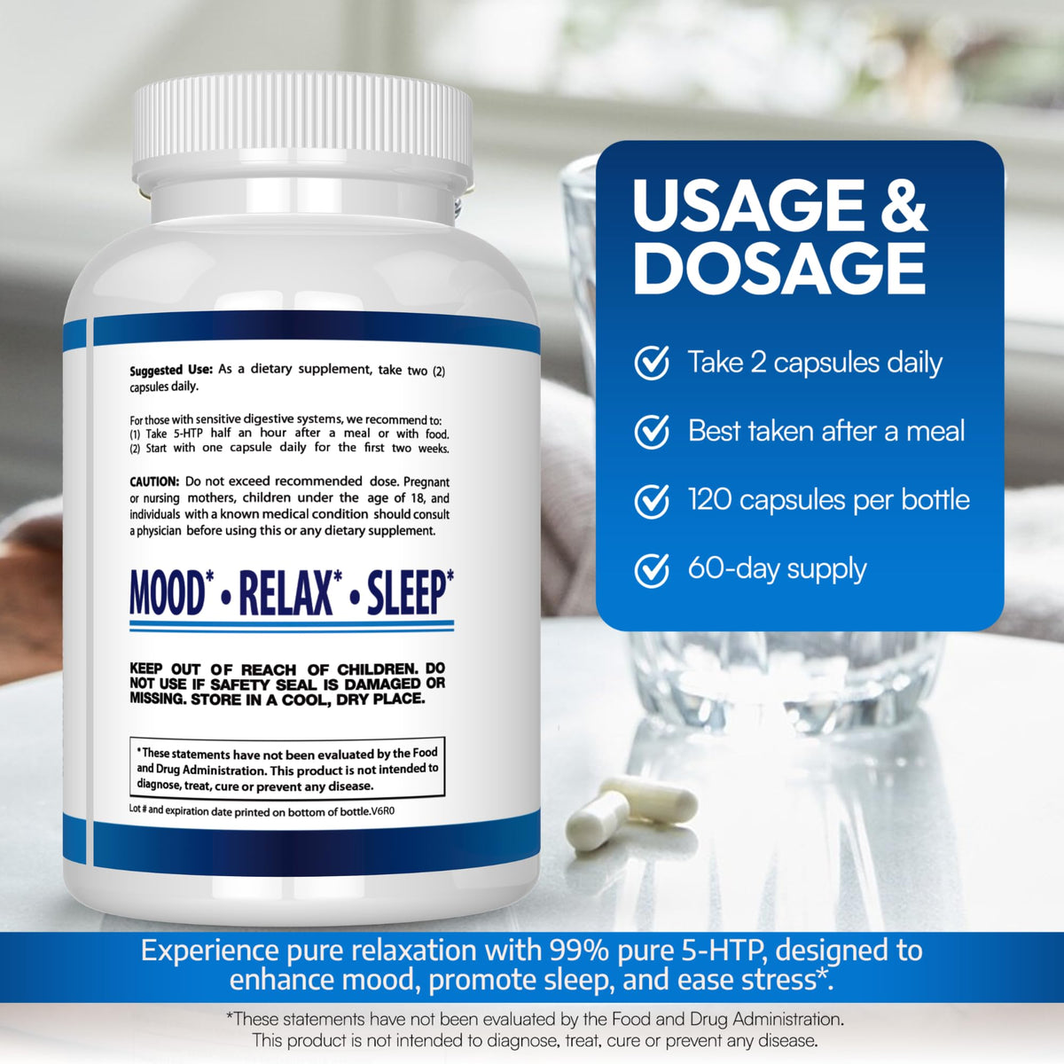 Arazo Nutrition 5-HTP 200 MG 120 capsules avec un verre d'eau