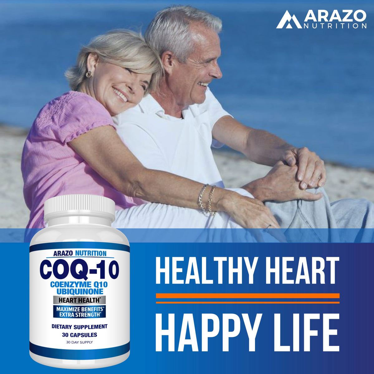 Arazo Nutrition CoQ10 200mg capsules on a wooden table