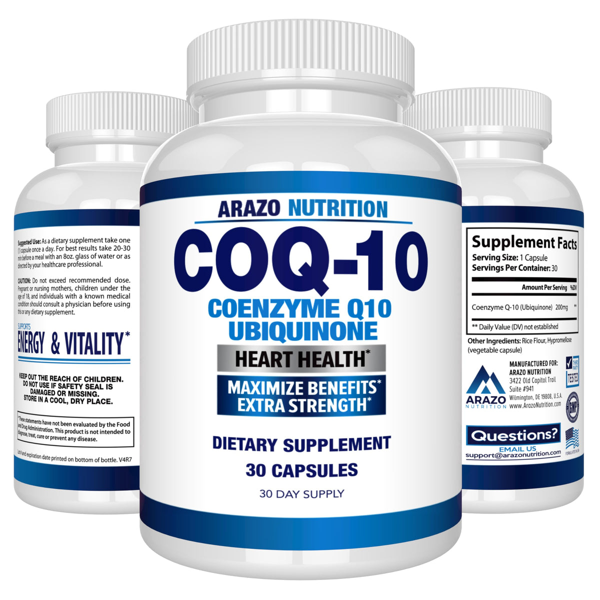 Arazo Nutrition CoQ10 200mg nutrition facts label