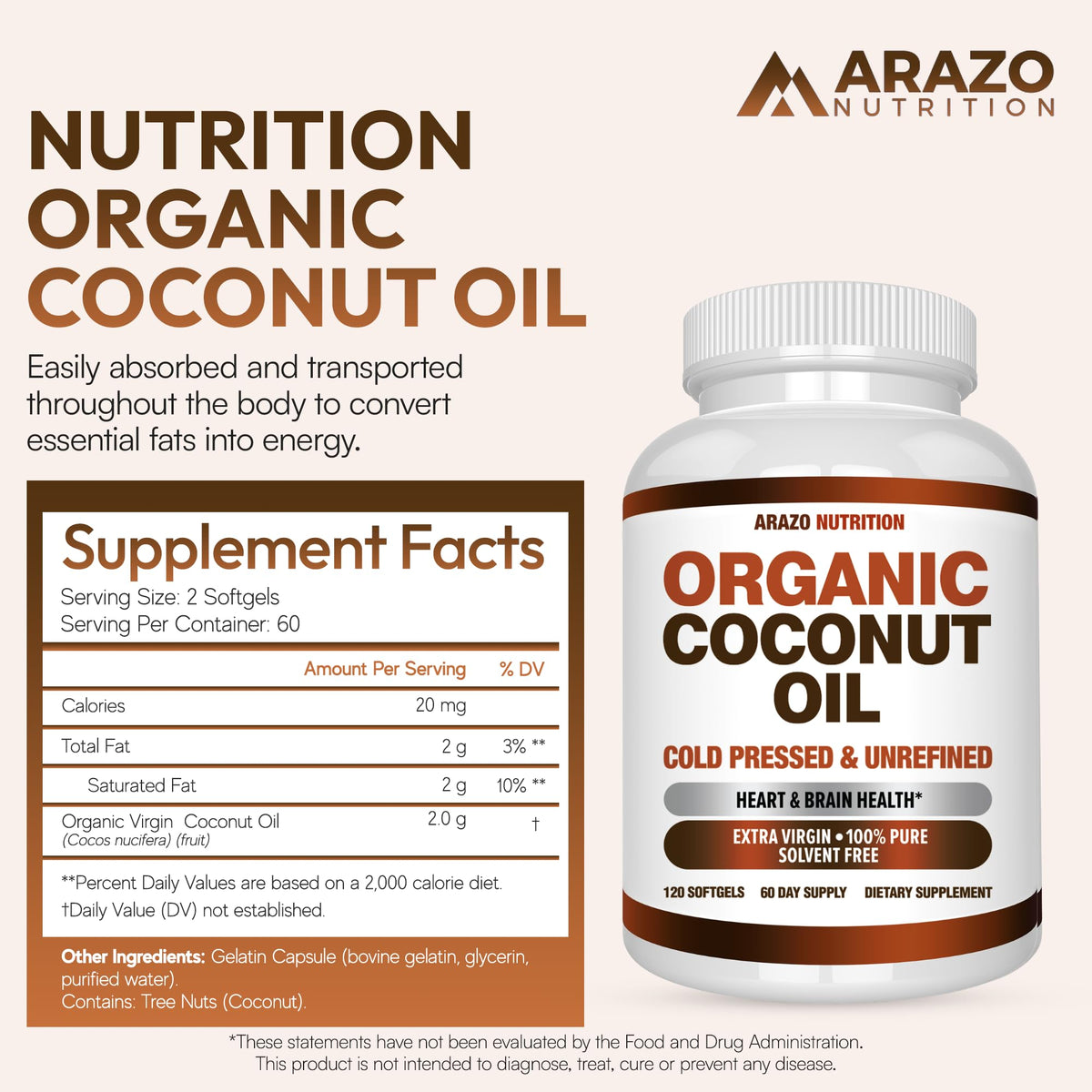 Arazo Nutrition Huile de Coco Bio 120 capsules softgel emballage