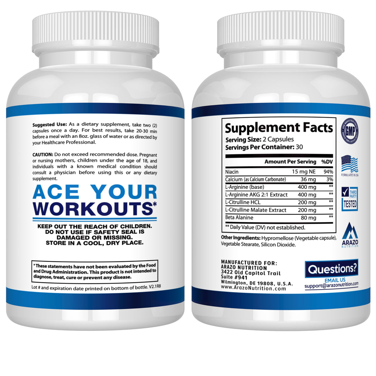 Arazo Nutrition L-Arginine capsules sur une surface blanche