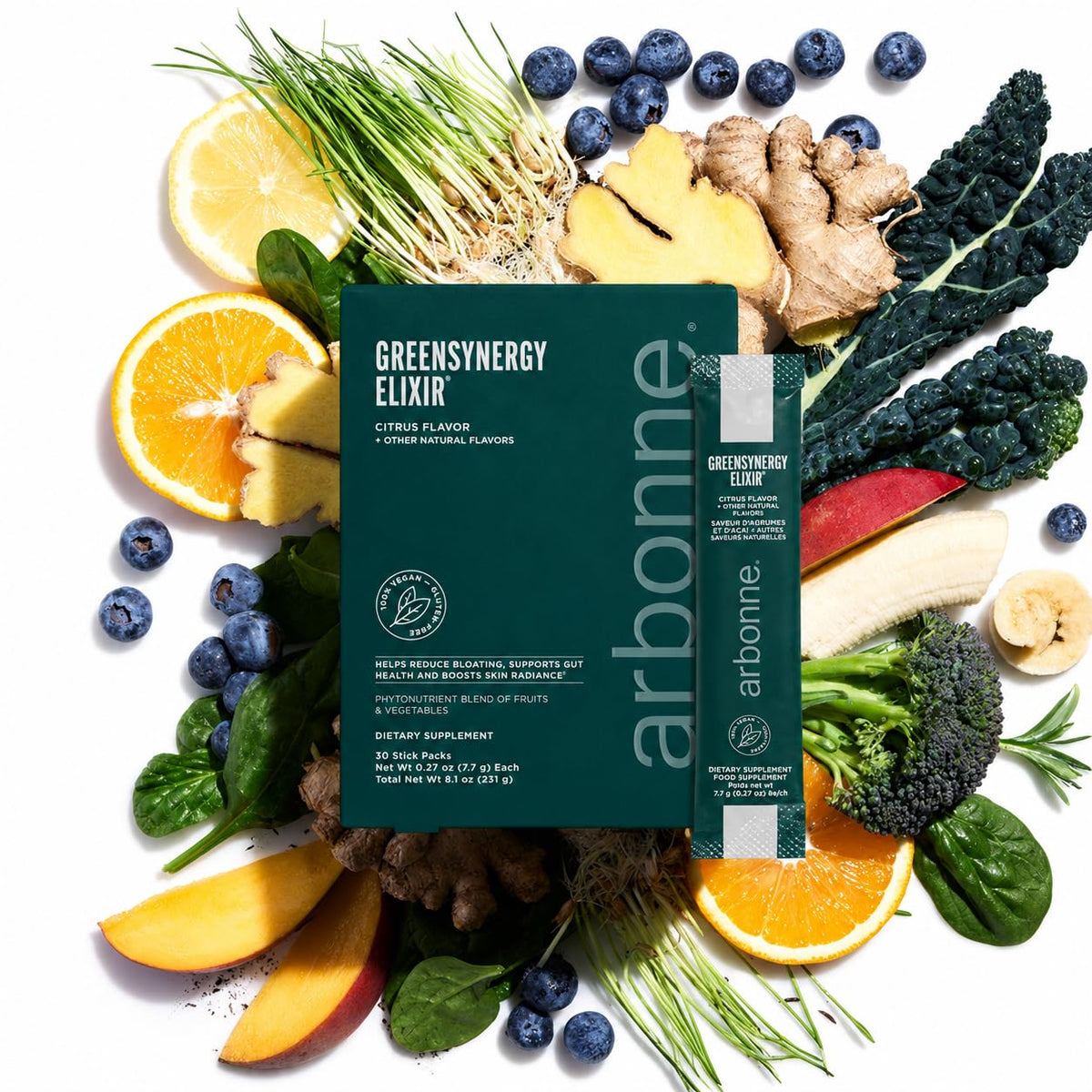 Arbonne GreenSynergy Elixir poudre végétale stick pack agrumes