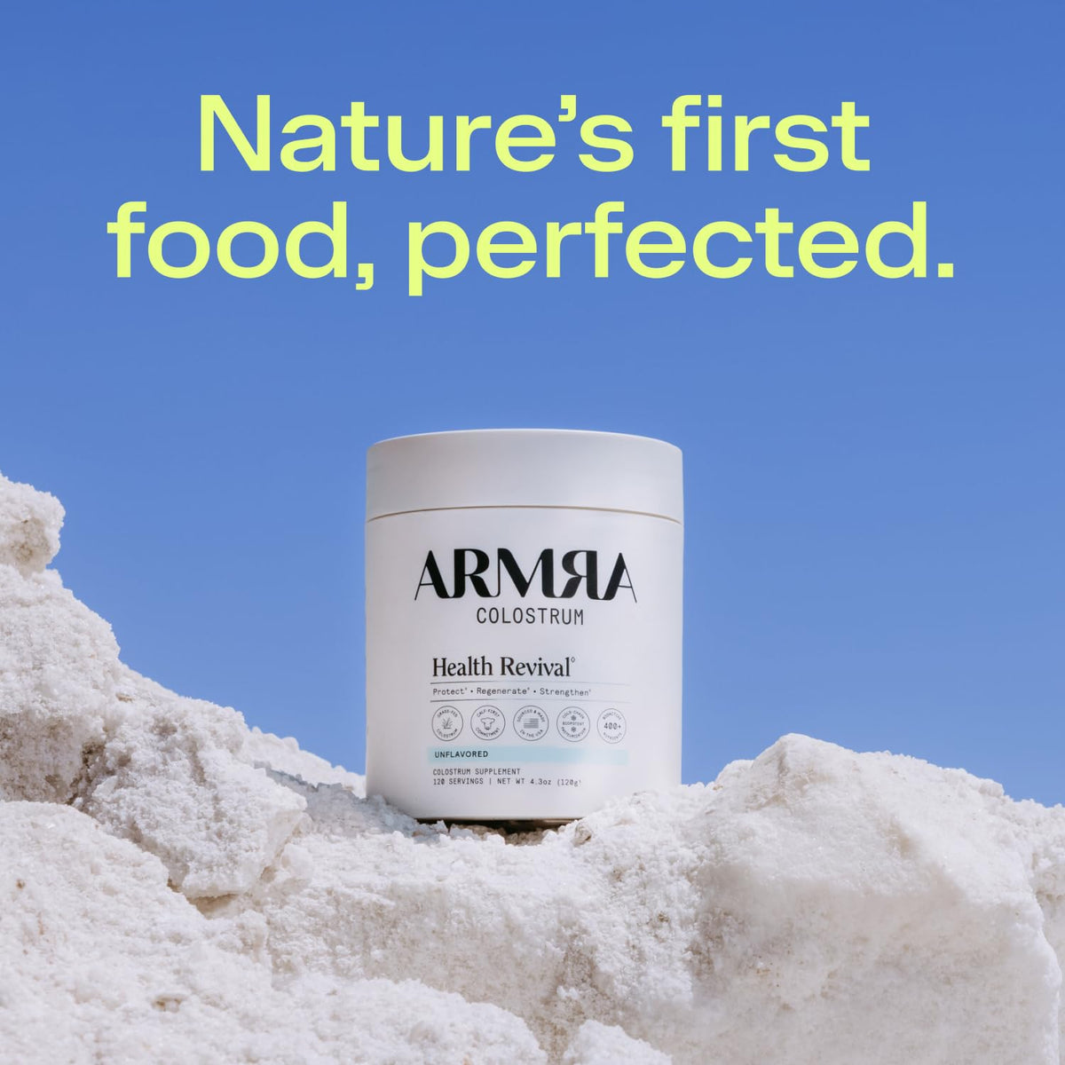 ARMRA Poudre de Colostrum 200g sur une table en bois