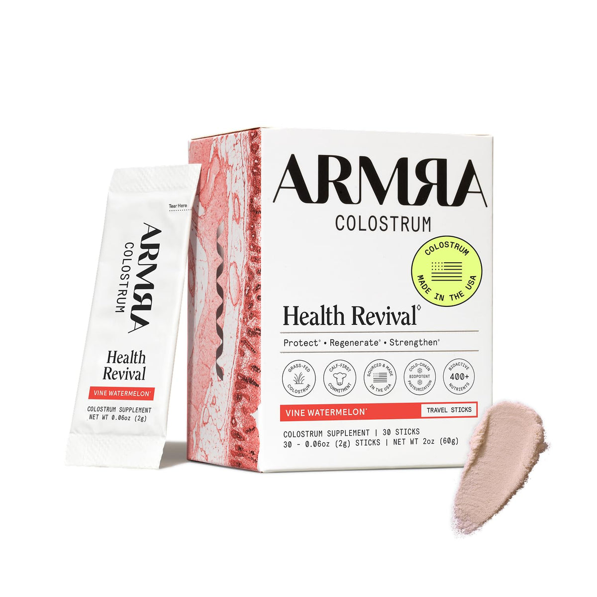 ARMRA Poudre de Colostrum sachets d'eau de pastèque avant