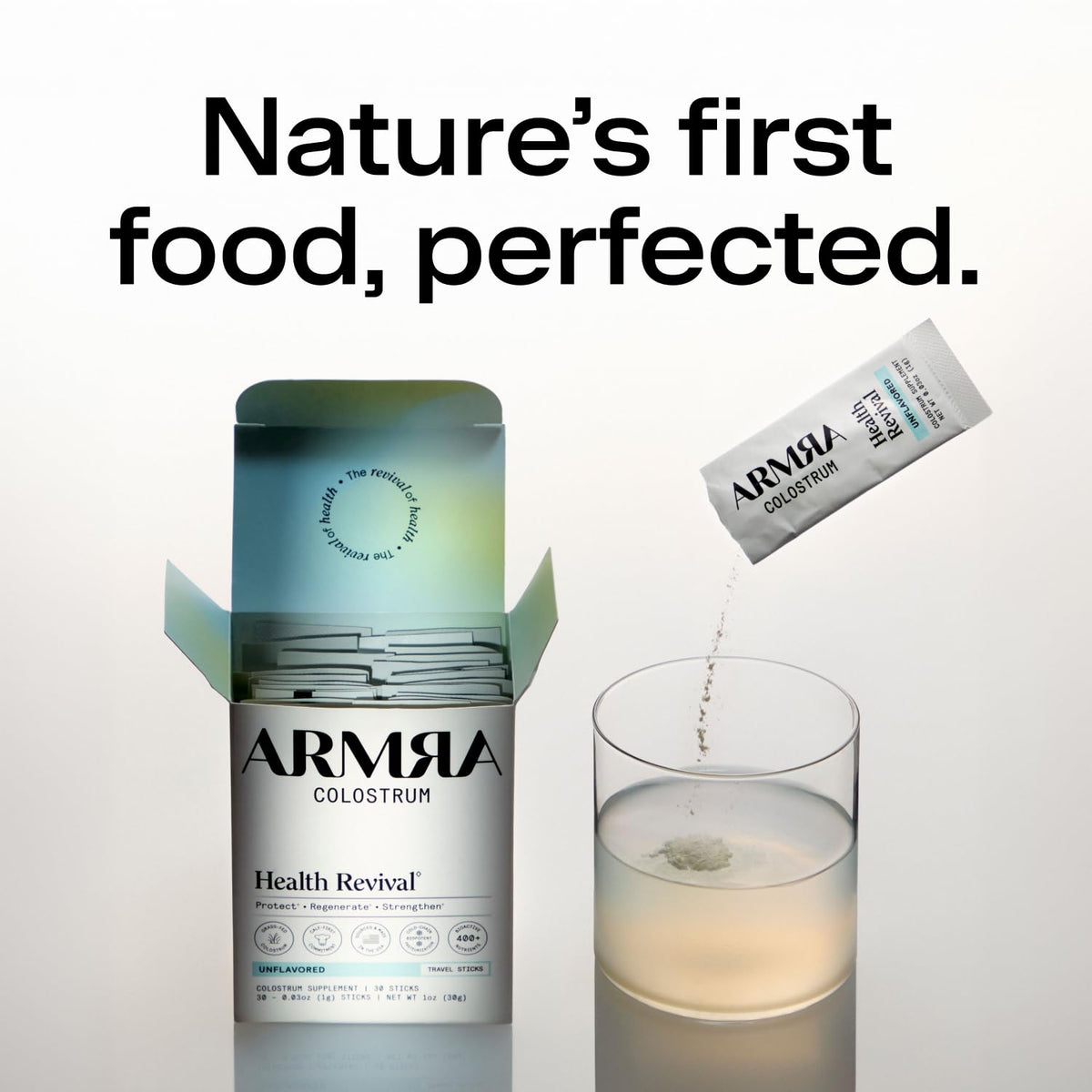 ARMRA Poudre de Colostrum, vue d'ensemble des sticks