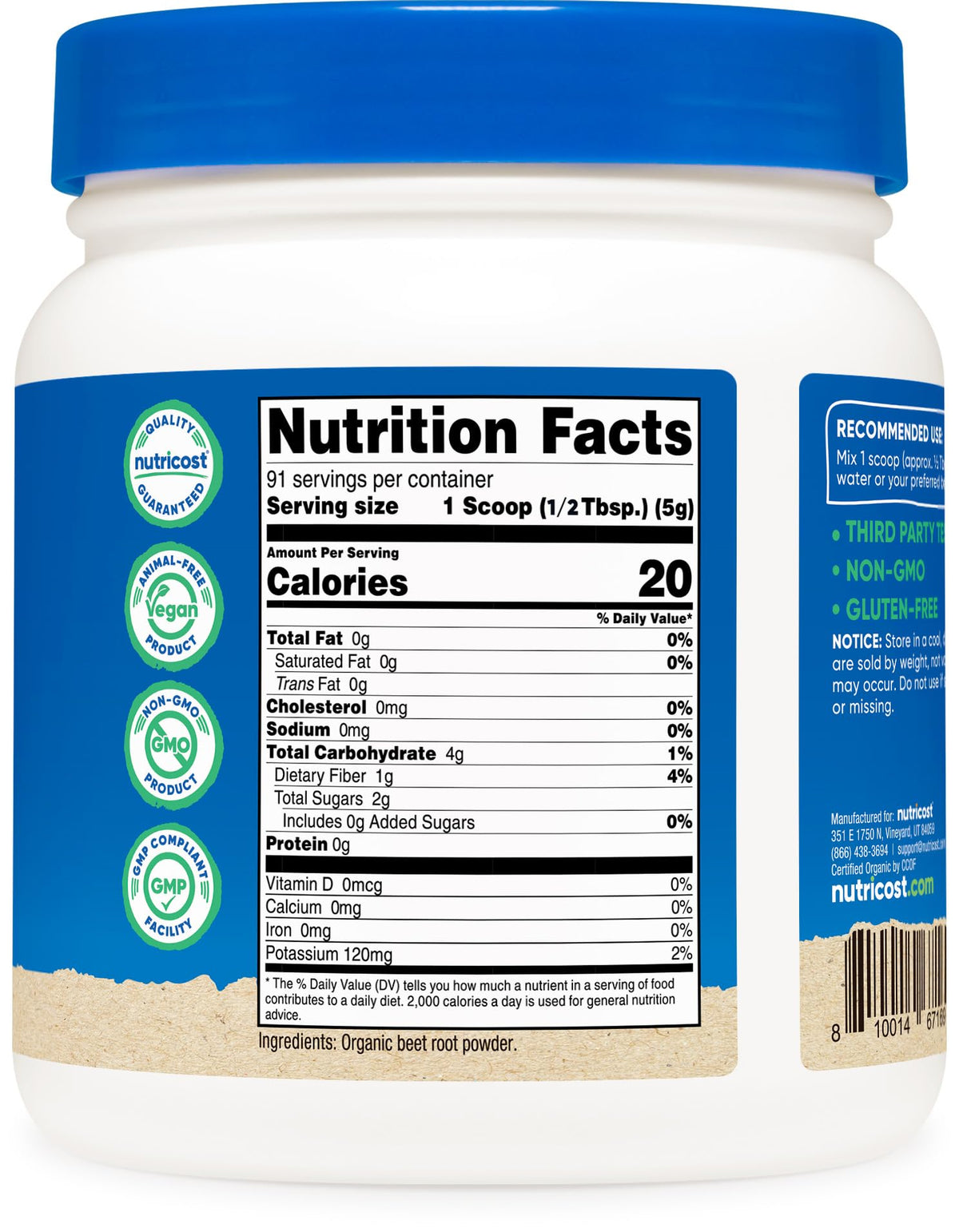 Arrière de l'emballage de la poudre de betterave Nutricost