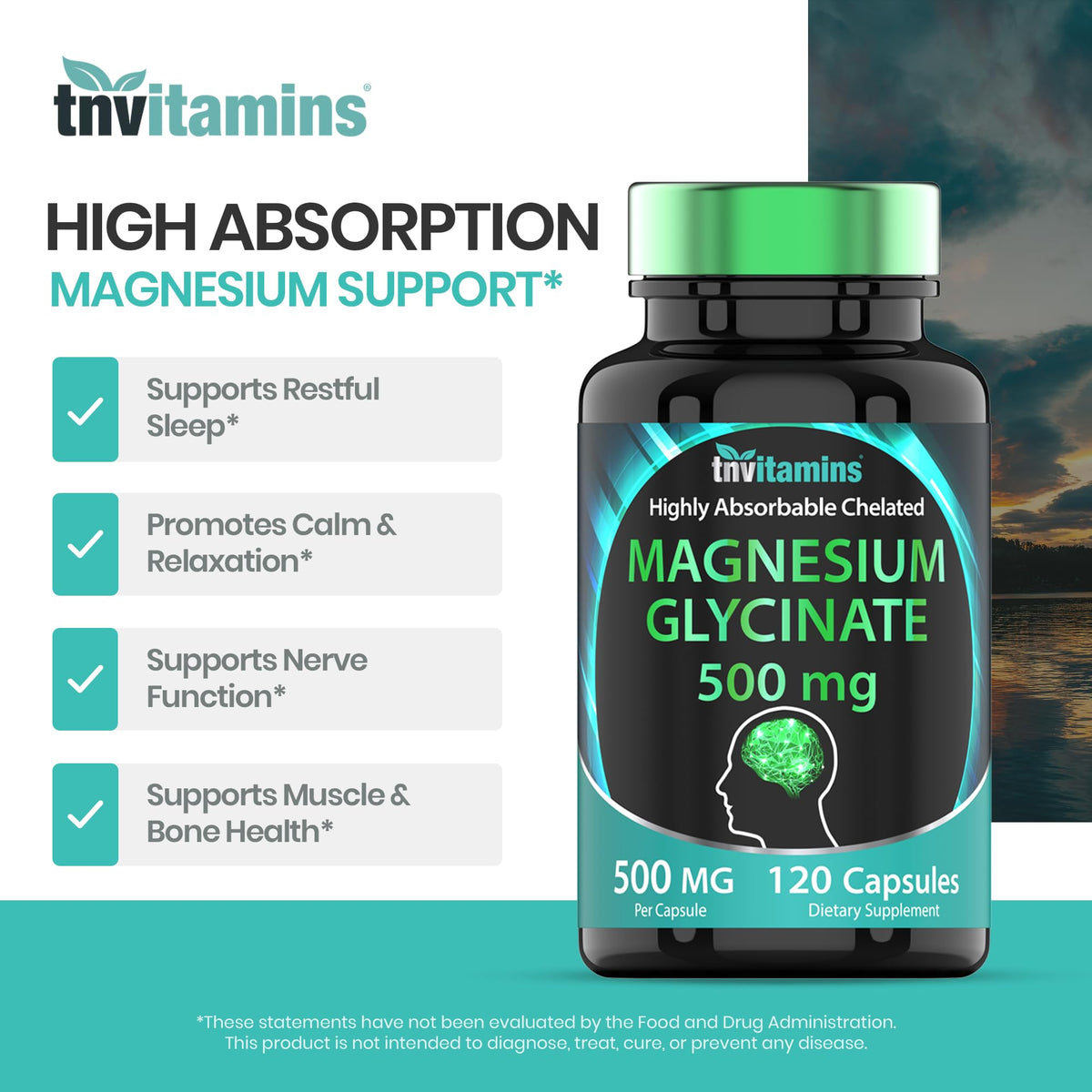 Arrière de la bouteille de tnvitamins Magnésium Glycinate 500mg