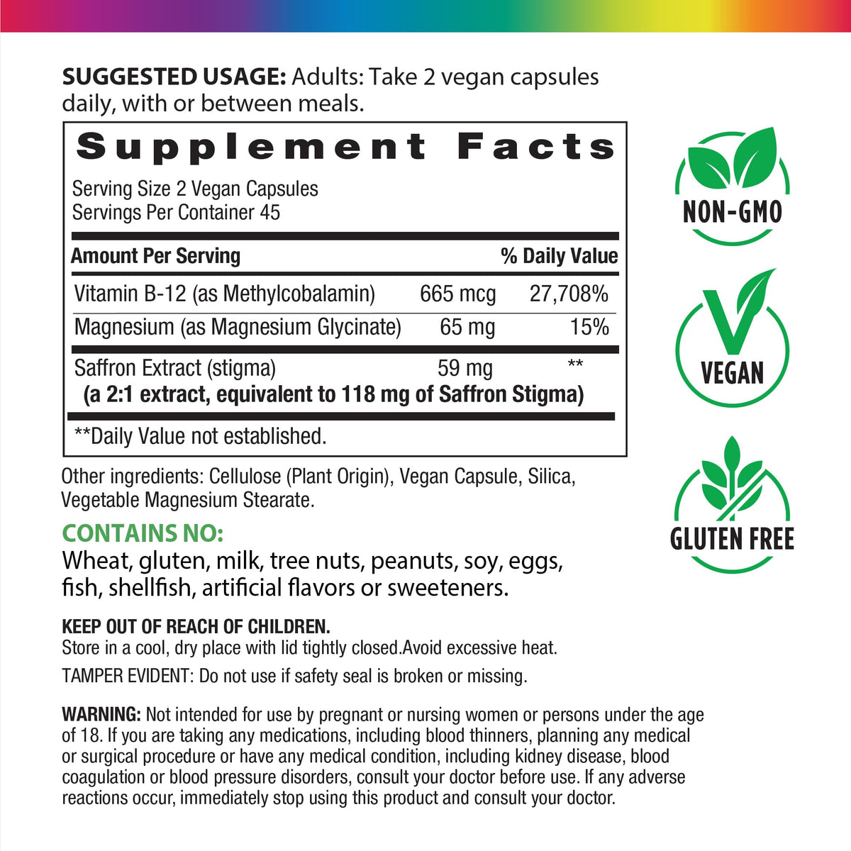 Arrière du complément Rainbow Light Saffron Extract avec informations nutritionnelles